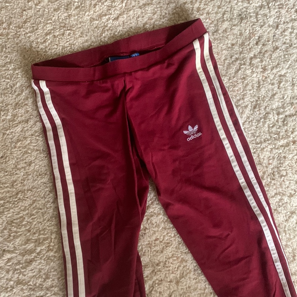 Red and white striped adidas leggings